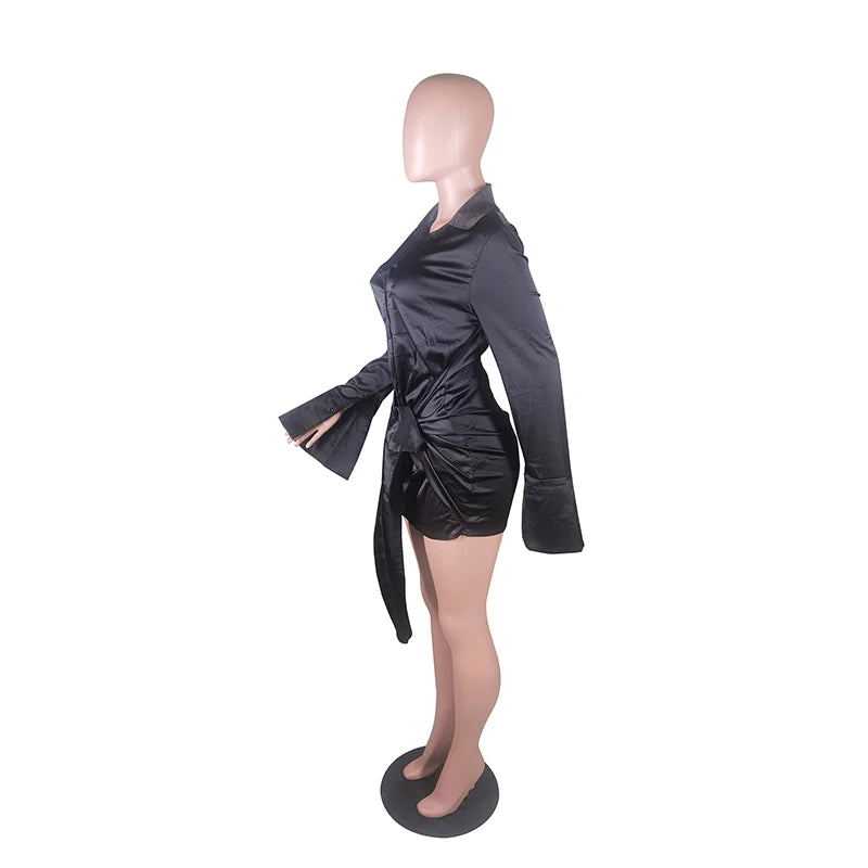 2023 Elastic Elegant Single Breasted Dress Retro Lapel Satin Tight-fitting High Waist Wrap Hips Ruched Short Dress Sexy Clubwear