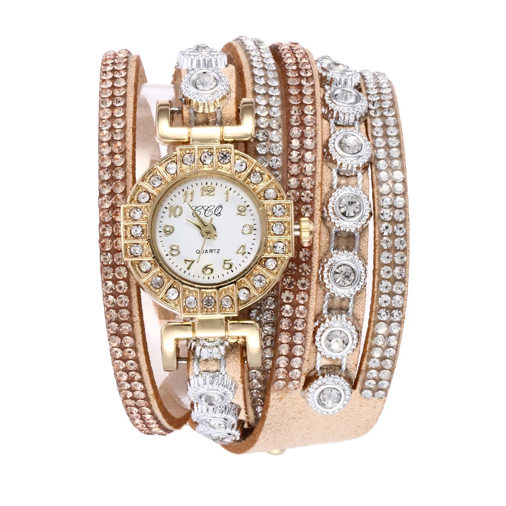 Fashion Rhinestone Blingbling Leather Wrap Quartz women watch