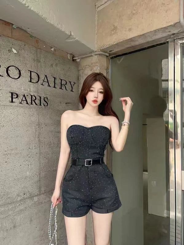 Damen Jeans Jumpsuit Sommer Playsuit Mode Hot Drill Hoher Bund Schmal Ärmellos Trägerlos Gürtel Outfits