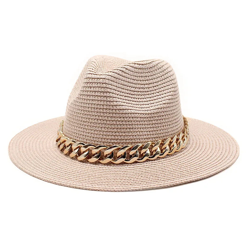 Set Straw Hat and Bag Set Gold Chain Bag Hat Set Ladies Leather Bag Tote Church Fedora Party Jazz Straw Hat
