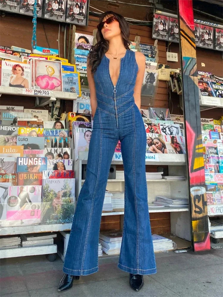 TARUXY Backless Heart Cutout Bodycon Jumpsuit For Women Casual Sleeveless Slim One-Piece Outfits Retro Denim Jumpsuits New 2025