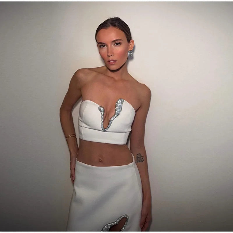 Sexy Rhinestone Mini Skirt Sets Women Strapless V-neck Backless Tube Vest Tops Hip Package Skirts 2025 Summer 2 Pieces Outfits