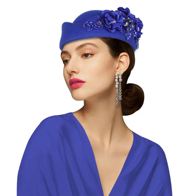 Eleganter Filz-Turbanhut Vintage Strass Blume Kirche Barett Hut Für Damen Stewardess Party Cosplay Mütze Kostüm Zubehör