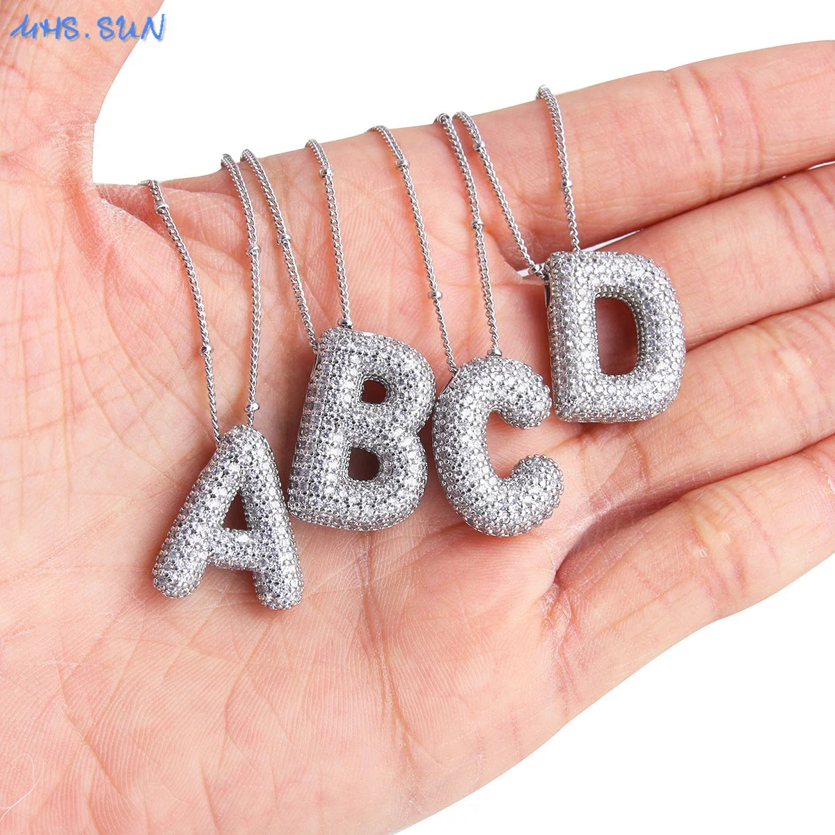 MHS.SUN Hochwertige Bubble Initialenkette Buchstabe A-Z Silberfarbene Zirkon 26 Initialen Ballon Anhänger für Damen Herren Schmuck