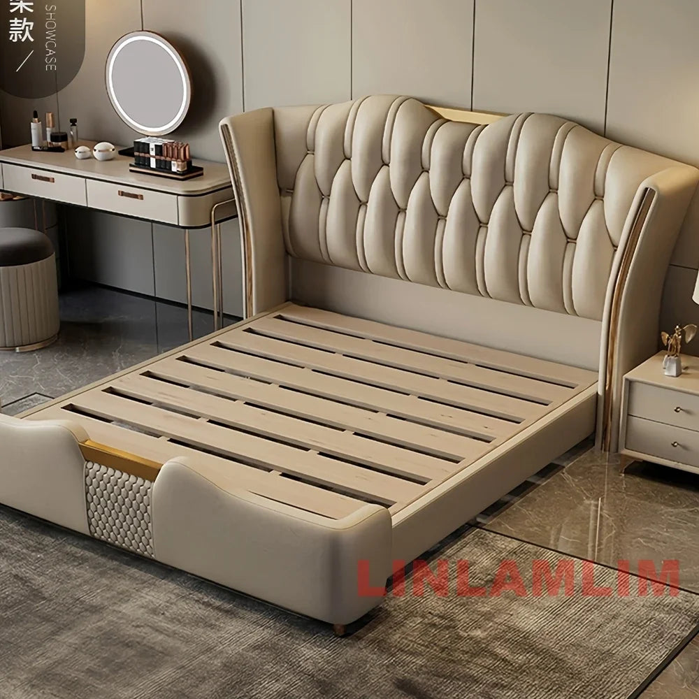 MINGDIBAO Luxuriöses, modernes Polsterbettgestell mit Goldakzenten, Designer-Bett aus echtem Leder, Schlafzimmermöbel in Queen-/King-Size