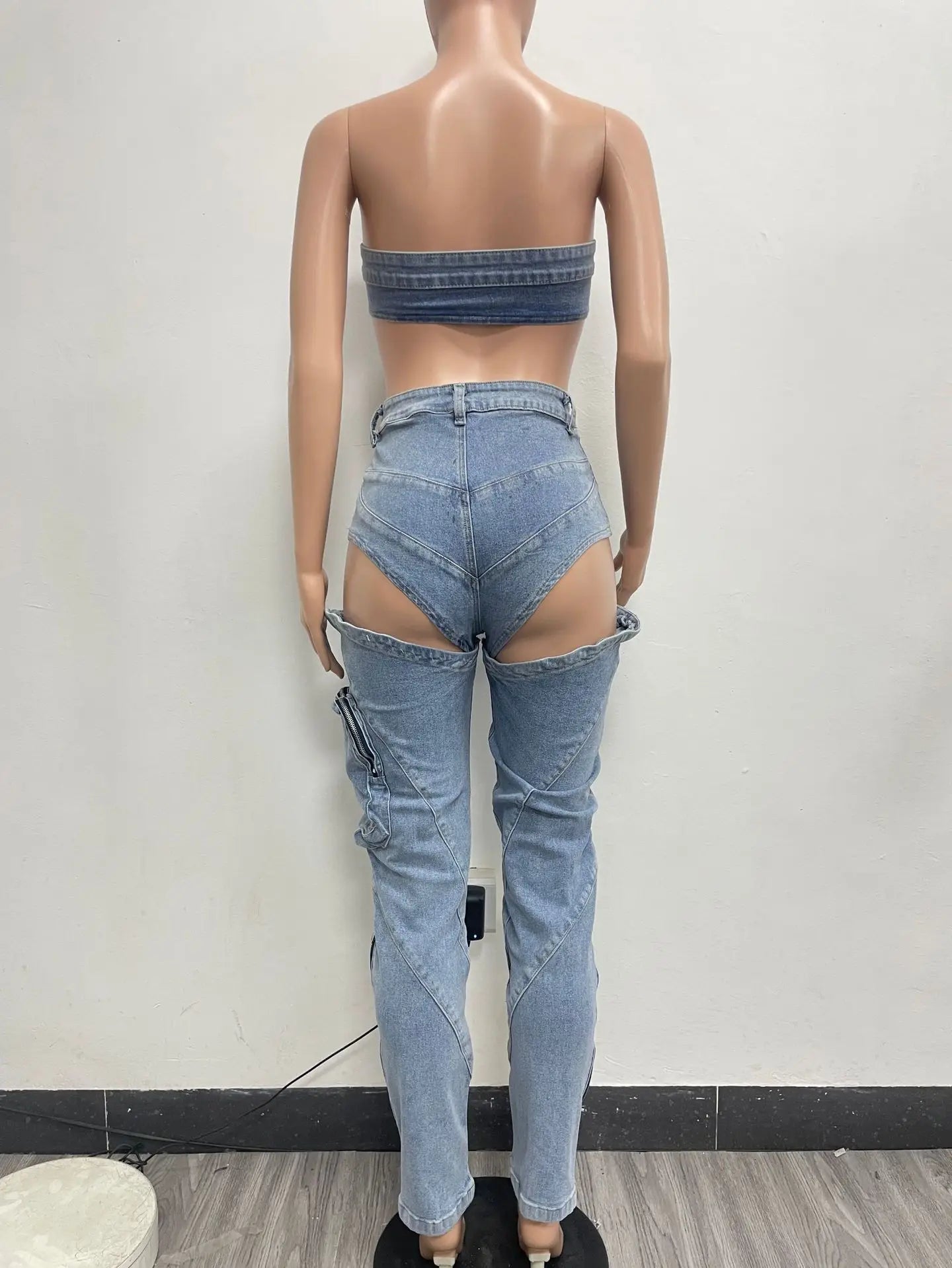 Jeans-Sets für Damen 2024 Sexy Streetwear Zweiteilige Outfits Brustwickel Ärmelloses, rückenfreies Top Ausgeschnittene Jeans