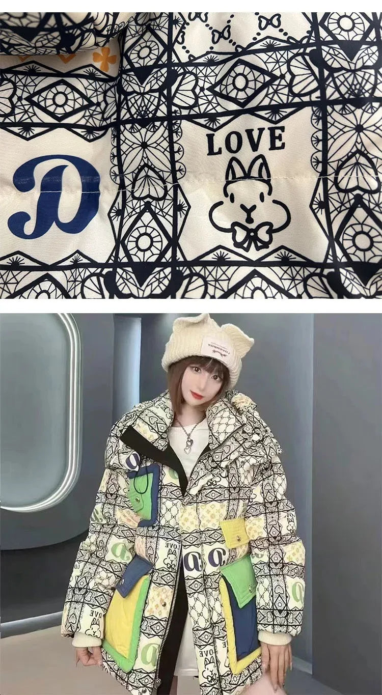 2023 Europäische Station Winter Neue Daunenjacke Damen Warm Mode Kurze Farb-Patchwork Graffiti dicke Weiße Entendaunenjacke