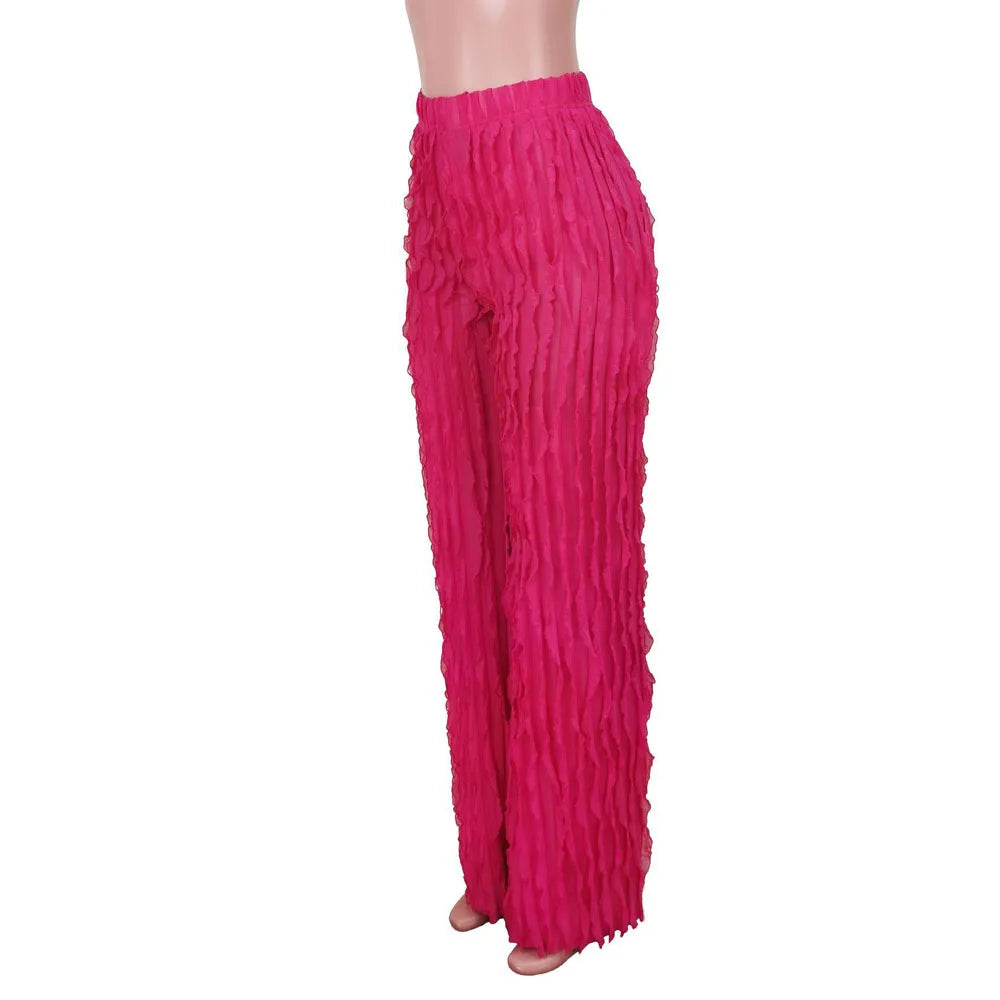 Women Pleated Ruffle Wide Leg Loose Pants Summer Female Mesh Wave Striped Full Trousers FDYFFZC-Y1260