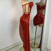 Sparkly Red Diamonds Asymmetrical Two Pieces Dress Design 2025 Women Sexy Strapless Top Skirt Suits Dance Performance Outfit
