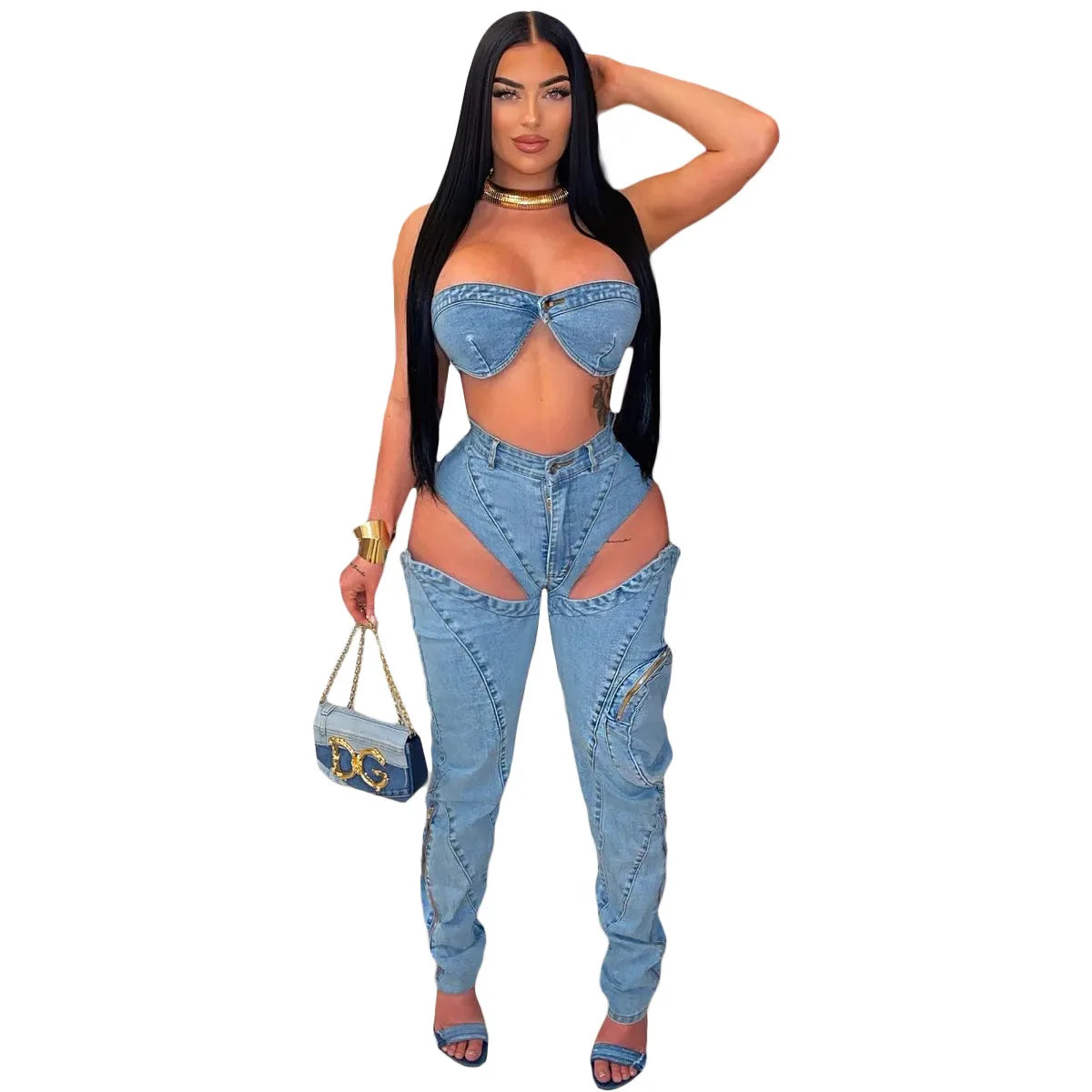 Jeans-Sets für Damen 2024 Sexy Streetwear Zweiteilige Outfits Brustwickel Ärmelloses, rückenfreies Top Ausgeschnittene Jeans