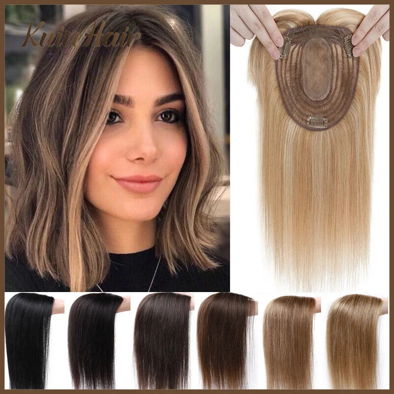 Silk Base Top Women Topper Clip In Real Human Hair Hairpiece Human Hair Extension Thin Breathable Blonde Toppers Hair Women Wig