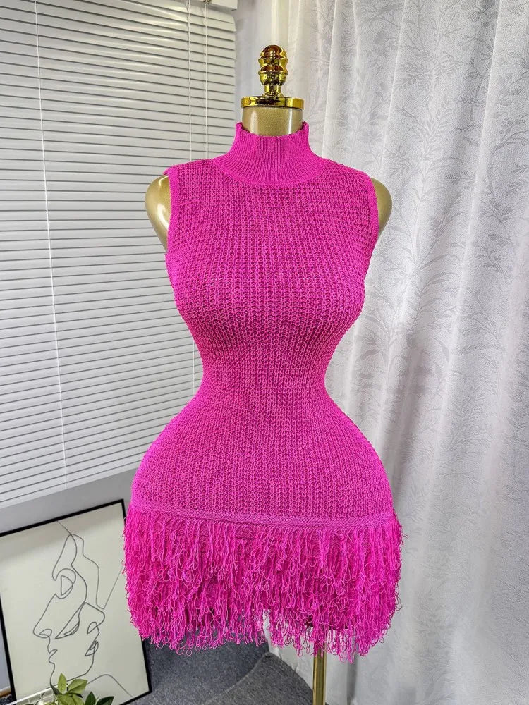 Joskaa 2025 Summer Women Elegant Round Neck Sleeveless Tassels Hem Bodycon Mini Knitted Dress Holiday Beach Party Clubwear