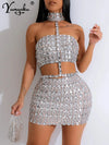 Sexy halter rhinestone mini summer dress women elegant bodycon night club party dresses woman short evening dresses vestidos HL