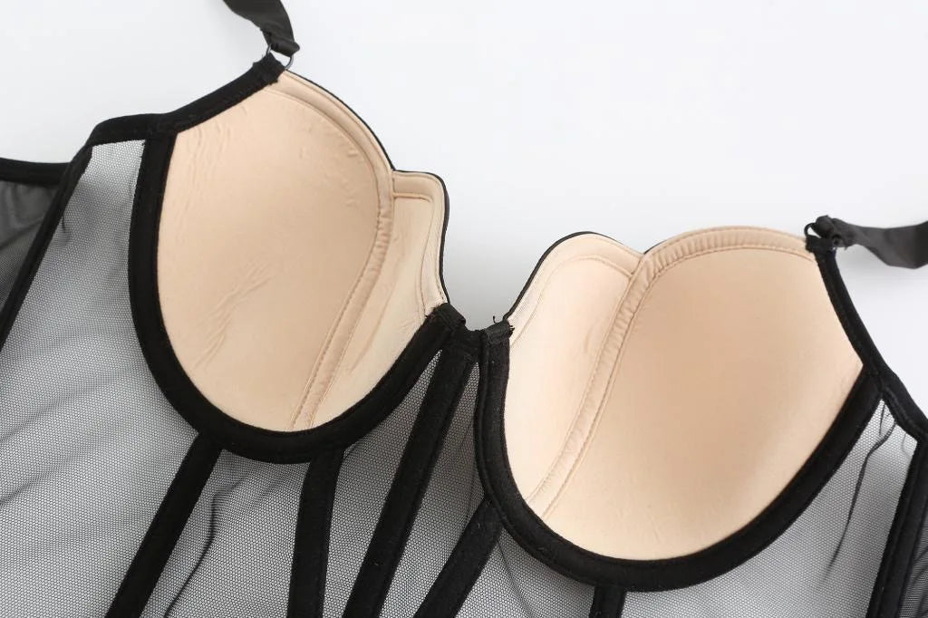 French Ladies Transparent Mesh Corset Sexy Shaper Thin Bra Set Night Club Sweet Cropped Top Girls Hot Bra and Panties Bralette