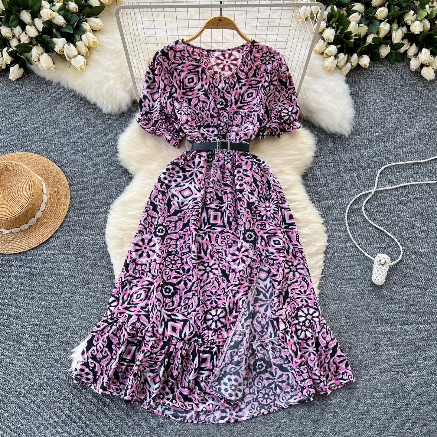 Sommer Plissiert Damen Knopfkleider Lässige Strandurlaub Kurzarm V-Ausschnitt Damen Midikleid Böhmische Mujer Vestidos