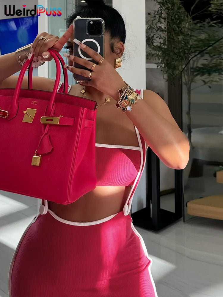 Weird Puss Summer Trend 2-teiliges Set Damen Weißer Saum Trägerloses Oberteil + Trägerkleid Elastische Streetwear-Outfits