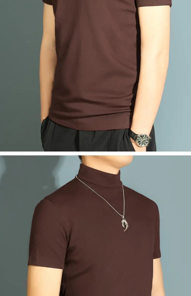 Men's Modal High Neck Short Sleeve T-Shirt Bottoming Shirt Silk Model Golf Wear Luxury Clothing Men's T-Shirt Bottoming Shirt