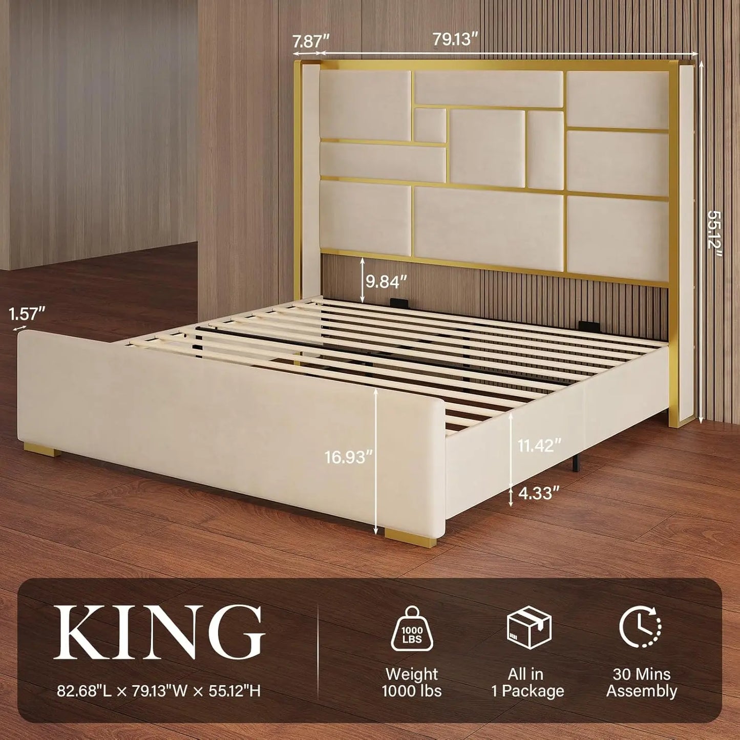 King Size Bed Frame with 55.12" Tall Headboard, Modern Luxury Velvet Upholstered Platform Bed with Gold Trim, Wide, Custom