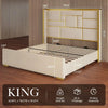 King Size Bed Frame with 55.12" Tall Headboard, Modern Luxury Velvet Upholstered Platform Bed with Gold Trim, Wide, Custom