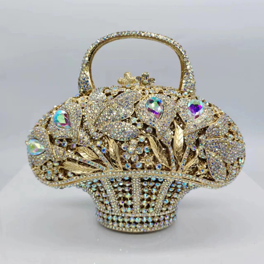 Blumenkorb Diamant-Abendtasche Metall Hohl Handgehalten Strass Damen Tasche Bankett Clutch Kristall Vintage Handtaschen