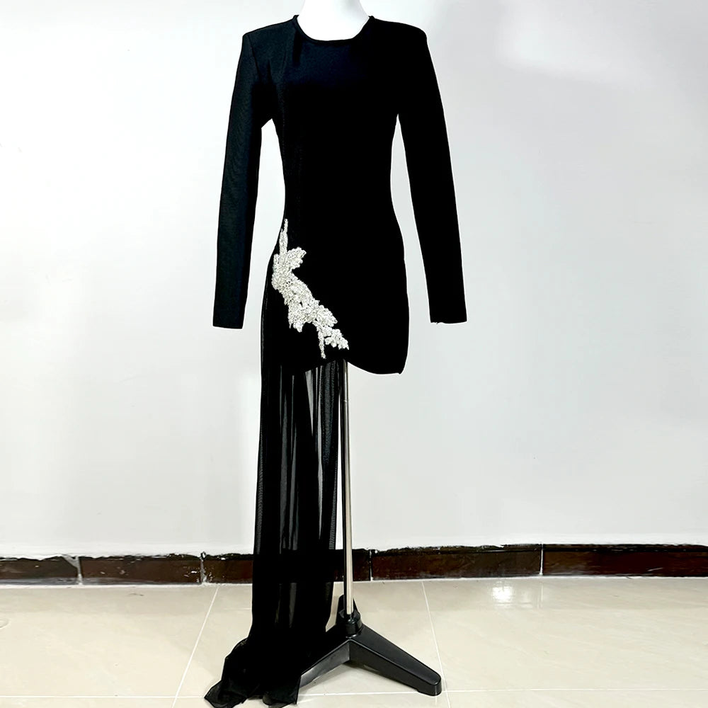 GPBD Sexy Bead Appliques Irregular High Low Dress Black Long Sleeved O-Neck Long Dresses Autumn Clothes Women 2024