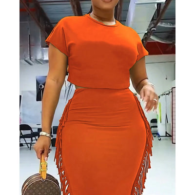 Women's Letter Print Crop Top and High Waist Long Skirt Set, Summer Workwear, Casual Tassel, Female Party Dress Sets, New, 2Pcs