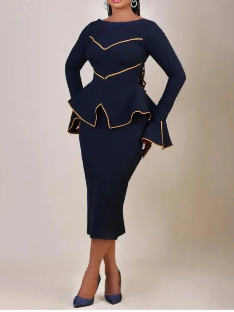 Elegantes Damen-Bürokleid, Rundhals, Rüschenkante, Langarm, Formelles Business, Farbblock, A-Linien-Berufskleidung, Neuer Stil
