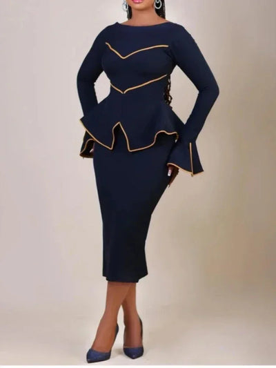 Elegantes Damen-Bürokleid, Rundhals, Rüschenkante, Langarm, Formelles Business, Farbblock, A-Linien-Berufskleidung, Neuer Stil