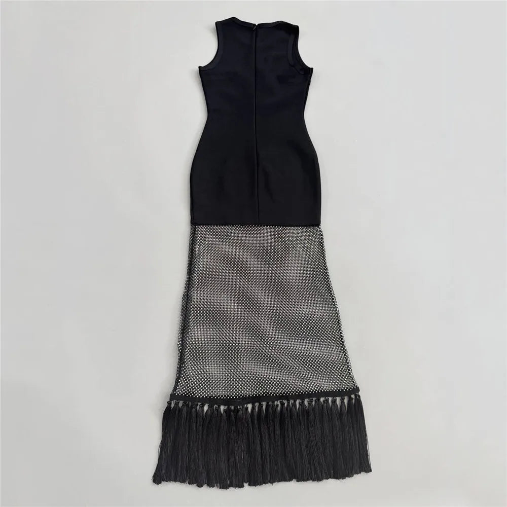 2025 New Women Sleeveless Bandage Dress Sexy Beading Tassels Clothes Club Party Elegant Dresses