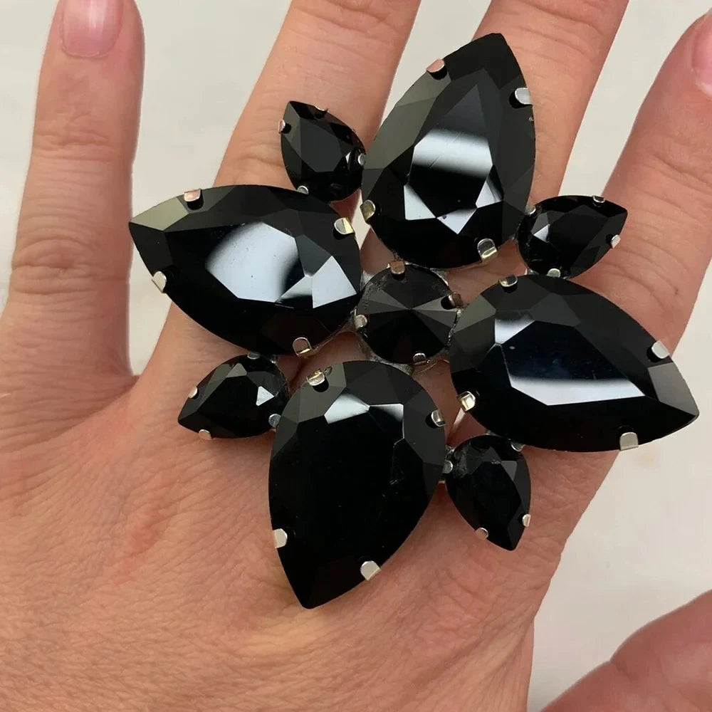 Fashion Black Crystal Ring Large for Women Free Shipping Luxury Adjustable Accessories Rhinestone Exaggerate Ring Finger Jewelry