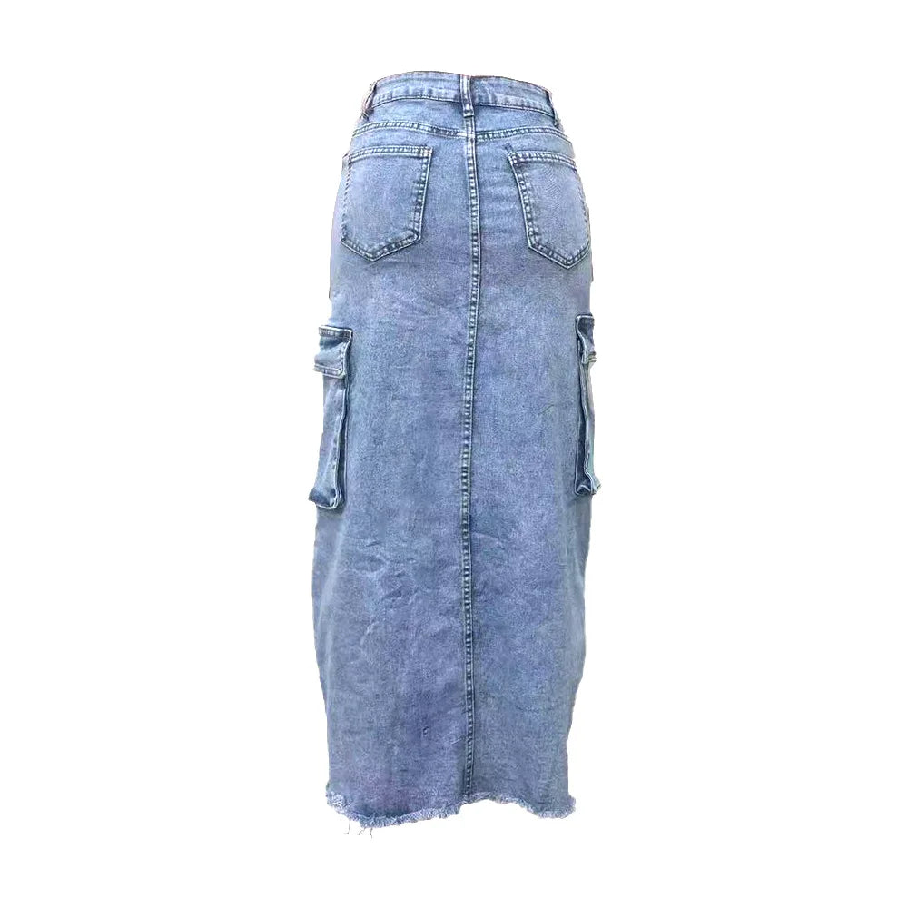 Mid Length Skirts Women Denim Skirt Hole Pockets A Line Slit Slim Y2k Streetwear Elegant Splice Y2k High Waist Summer 2025