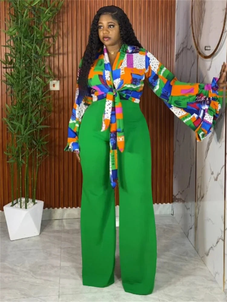 Wmstar Plus Size Two Piece Sets Wholesale Long Sleeve Print Top and Wide Leg Pants Matching Suit Fall Clothing Dropshopping