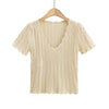 Damen V-Ausschnitt gestricktes Häkel-T-Shirt mit