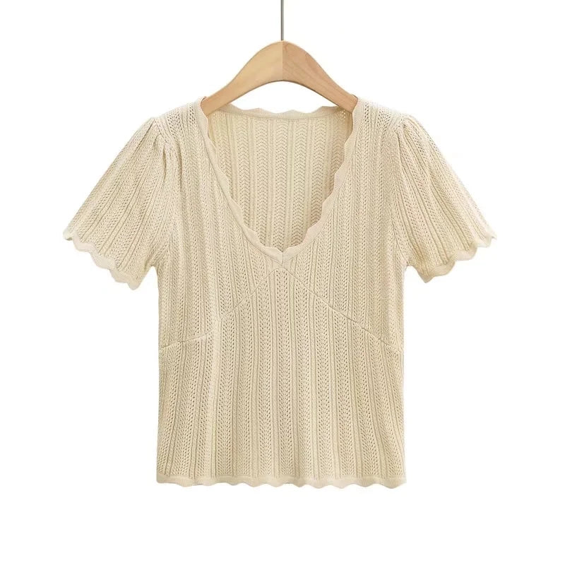 Damen V-Ausschnitt gestricktes Häkel-T-Shirt mit