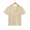 Damen V-Ausschnitt gestricktes Häkel-T-Shirt mit