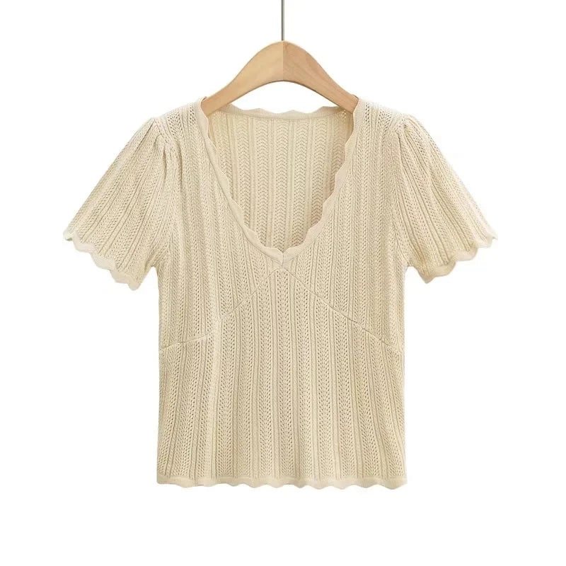 Damen V-Ausschnitt gestricktes Häkel-T-Shirt mit