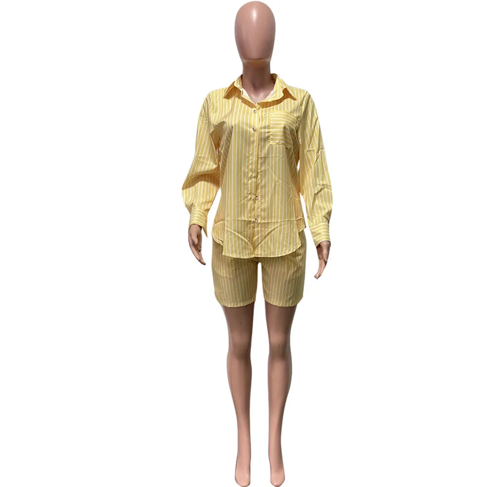 Two Piece Short Sets Women Striped Single Breasted Cardigan Blouses Shorts Elastic Waist Shirt Suit Casual Outwear Summer