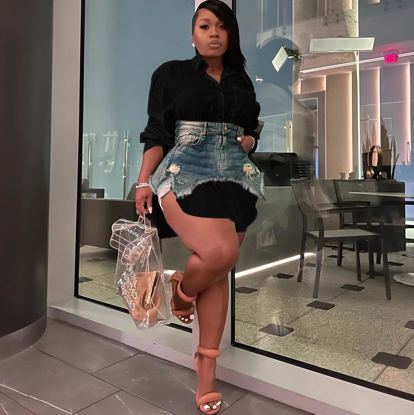 Denim 2 Piece Sets Women Shirt Skirt Suit Hole Single Breasted Turn Down Collar Pocket Splicing Outfits 2025 Skirts Ensemble
