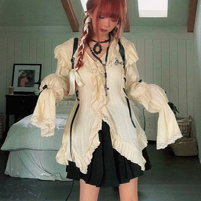 Karrram Y2k Ästhetik Spitze Hemd Grunge Gothic Unregelmäßige Blusen Fee Harajuku Bandage Hemd Vintage Lolita Kleidung Mall Goth