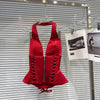 DEAT 2026 Summer New Sexy Hot Girl V-neck Backless Bandage Bowknot Fishbone Halter Top Red Mini Skirt For Women 11B1198