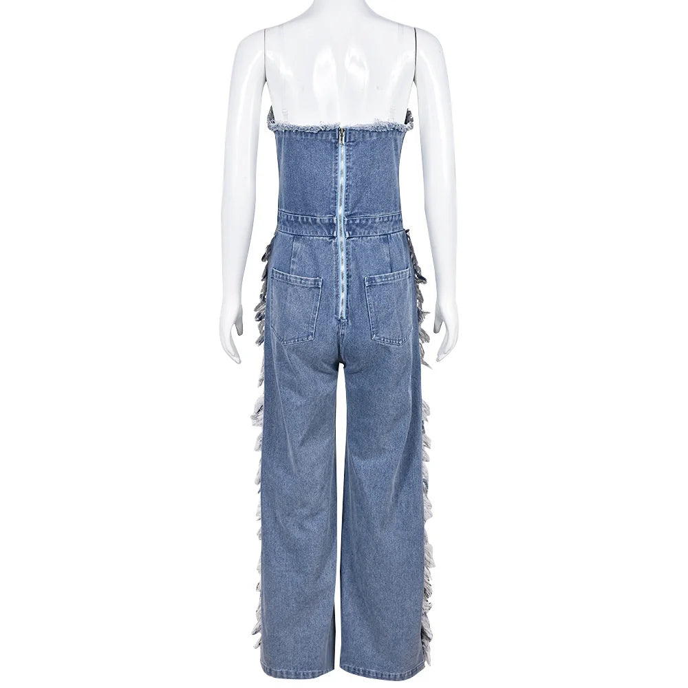 Sibybo Quaste Hollow Out Overalls für Damen Nieten Strass Trägerlos Rückenfrei Jeans Street Fashion Trend Jumpsuit Femme