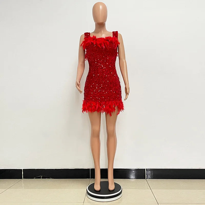 Damen Partykleid Ärmellos Glänzende Pailletten Feder Abendkleid Sexy schulterfrei rückenfrei Mini Formelle Ballkleider HXY8