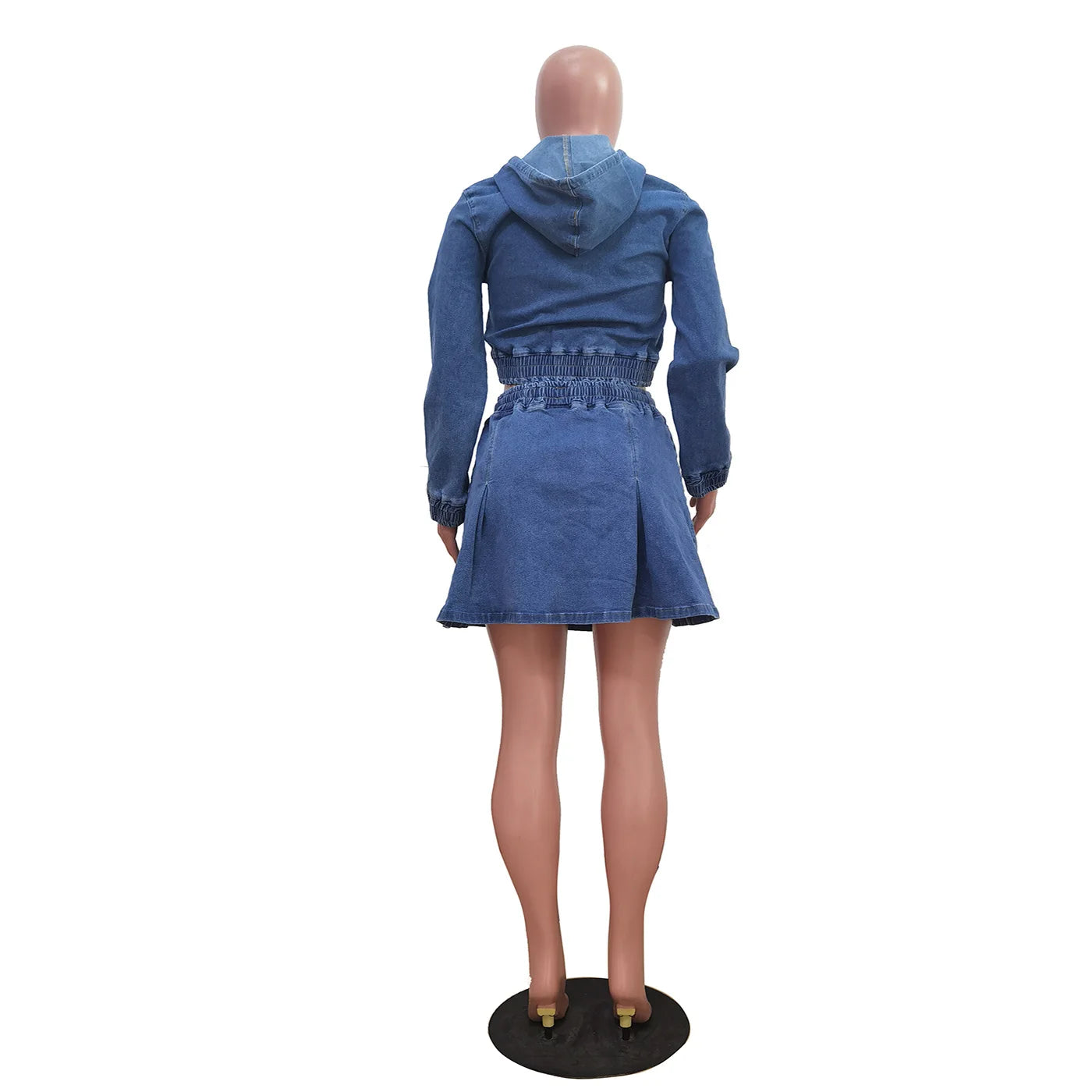 Two Piece Sets Women Denim Skirt Hooded Zipper Tops Short Dress Sets Skirts A Line High Waist Y2k Streetwear Elegant Slim Fit