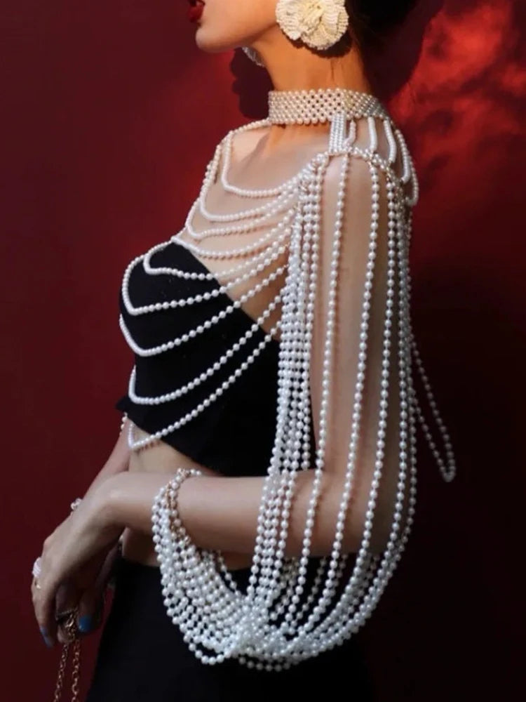 Women Pearl Tank Top Sexy Multiplayer Pearl Tassel Long Sleeve Bra Chains Camisole Necklaces Collar Partywear Crop Tops
