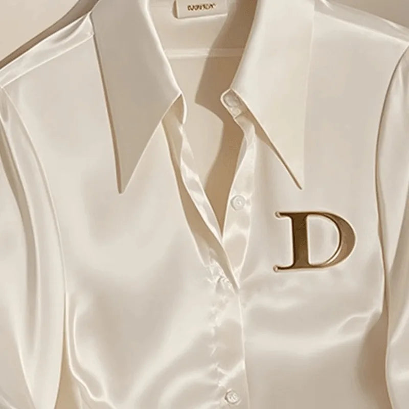 Elegante französische Damen Bluse aus weißem Satin mit Umlegekragen Langarmbluse Herbst/Winter für Frauen Lässig Schlicht Office Lady