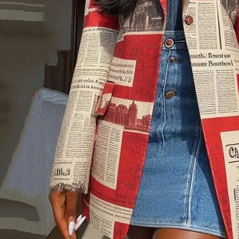 Yeezzi Damen Blazer mit gekerbtem Revers 2025 Neu Frühling Langarm Fashion Zeitungsdruck Urban Casual Streetwear Oberbekleidung