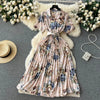 2024 Summer Women Floral Pleated Dress Vintage Turn-Down Collar Short Sleeve Single Breasted Printed Draped Midi Vestidos New