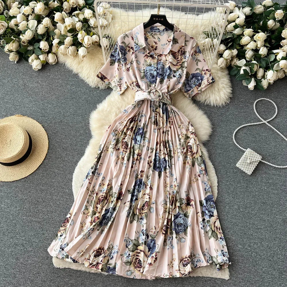 2024 Summer Women Floral Pleated Dress Vintage Turn-Down Collar Short Sleeve Single Breasted Printed Draped Midi Vestidos New