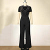 Elegante Jumpsuits & Playsuits für Damen O-Ausschnitt Kurzarm Perlenbesetzt Hohe Taille Luxuriöses Outfit für weibliche Geburtstags-Dinnerpartys
