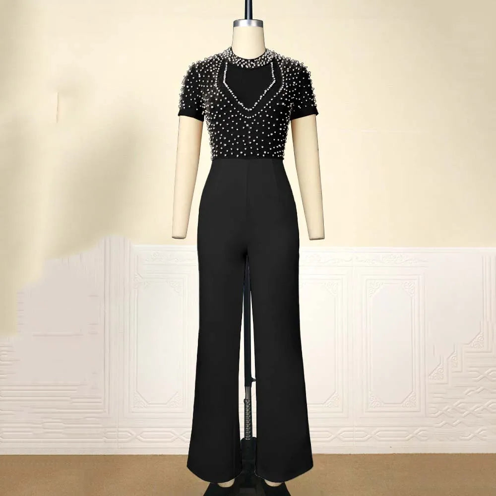Elegante Jumpsuits & Playsuits für Damen O-Ausschnitt Kurzarm Perlenbesetzt Hohe Taille Luxuriöses Outfit für weibliche Geburtstags-Dinnerpartys